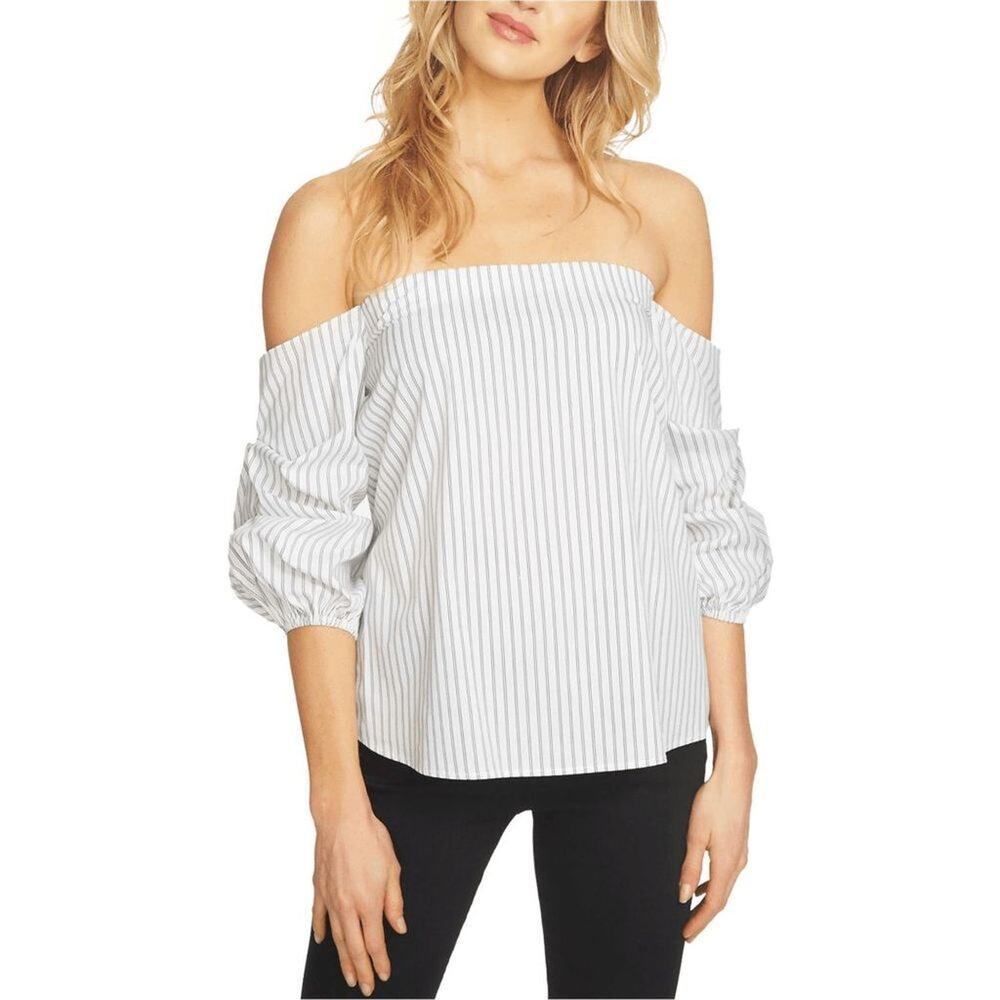 1. State Women's Knit Top Size Small Off the Shoulder Puff Sleeves Striped White